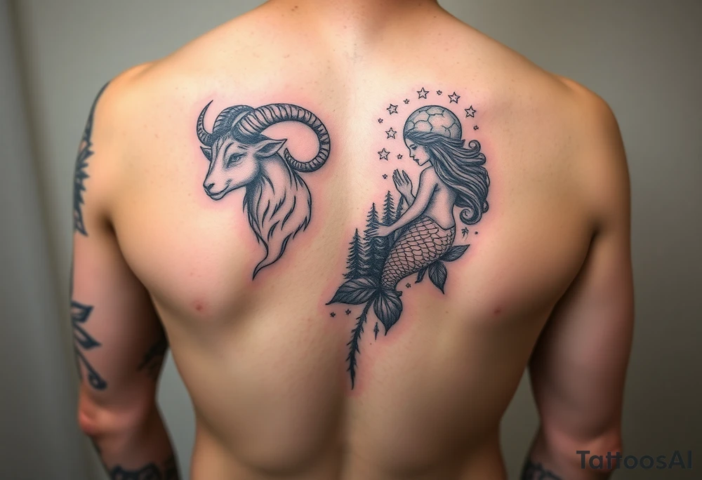 mixed color tattoo as a sleeve on the arm: zodiac sign aries, majestic ram with horns curled upwards, beautiful mermaid and forest around with starry sky tattoo idea