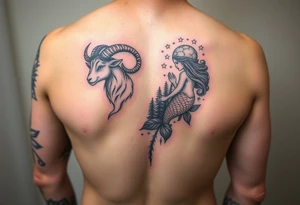 mixed color tattoo as a sleeve on the arm: zodiac sign aries, majestic ram with horns curled upwards, beautiful mermaid and forest around with starry sky tattoo idea