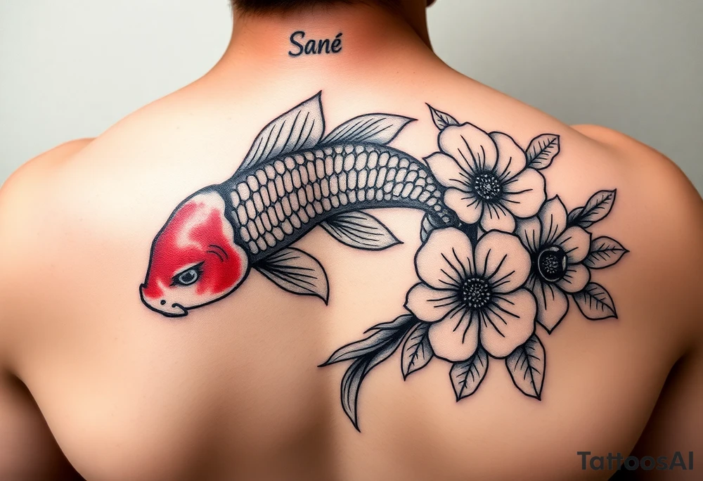 I want the tattoo starting at my collar bone, and I want it to go down my arm, but doesn’t go past my elbow. I want my middle name, Sané” on my collarbone area and I want the red and black koi fish too on my shoulder area. And I want flowers that represent healing, happiness, and peace and purity. tattoo idea