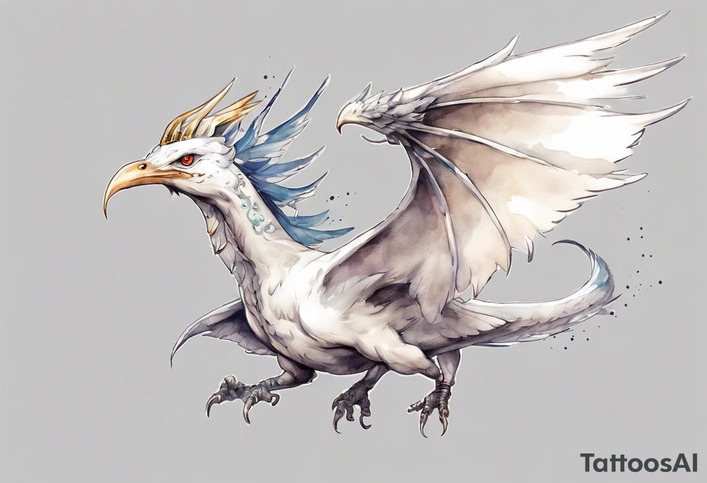 a white bird-wyvern hybrid, wearing a pewter crown on its head, flying in the air tattoo idea