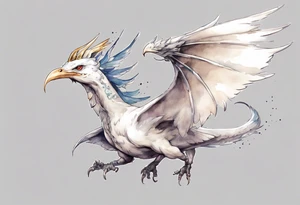 a white bird-wyvern hybrid, wearing a pewter crown on its head, flying in the air tattoo idea