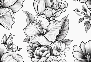 Verticle arm placement of dainty hibiscus, TULIPS, LILLIES, DRAGONflower, with wildflowers, poppy, bees, peony, forearm tattoo idea