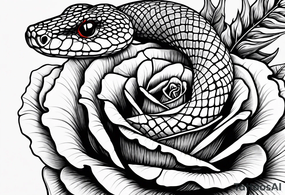 Serpent snake around the stem on a rose showing the stem and thorns tattoo idea