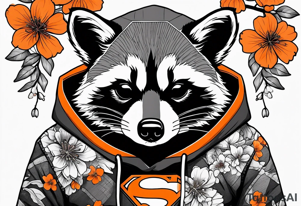 raccoon wearing a black and white Superman hoodie and orange Japanese cherry blossoms tattoo idea