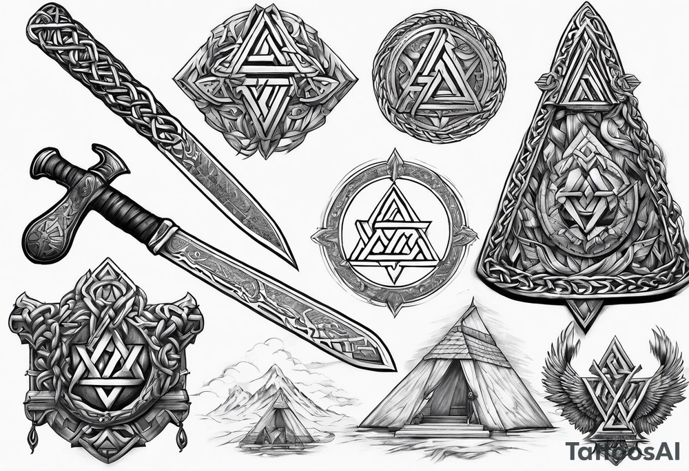 Valhalla sword round  axe Valknut steps fire chains tattoo idea