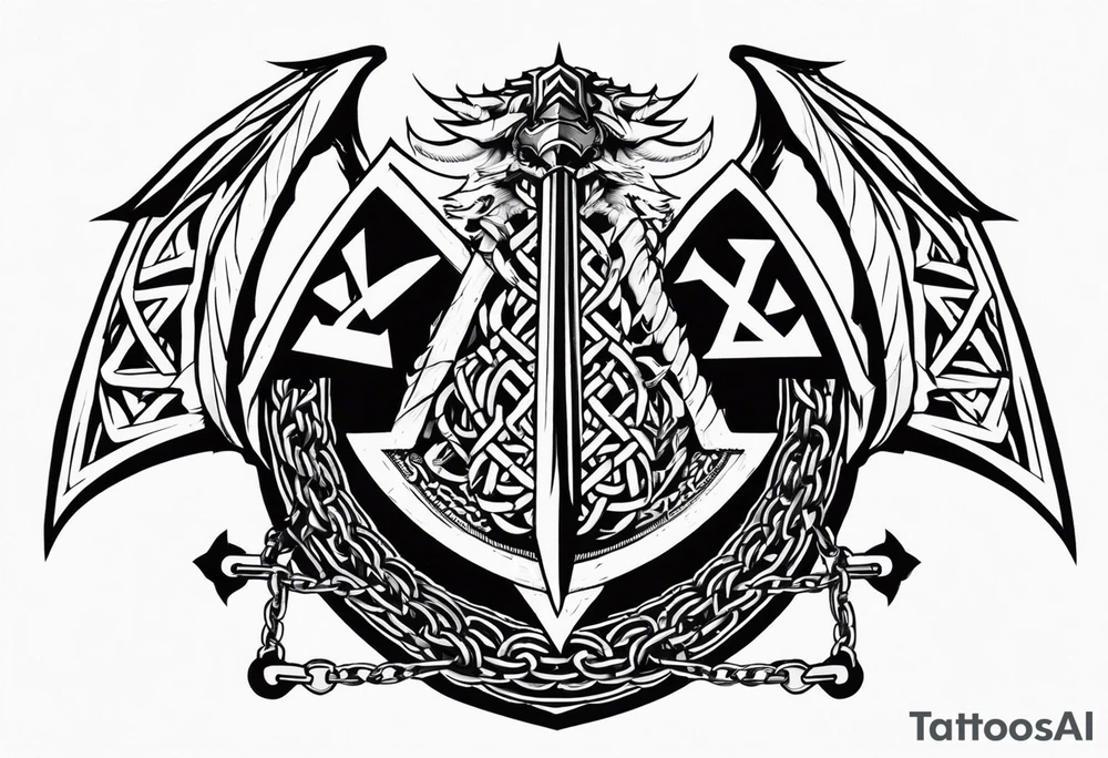 Valhalla sword shield dragon axe Valknut barbed wire chains tattoo idea Valhalla sword shield dragon axe Valknut barbed wire chains tattoo idea