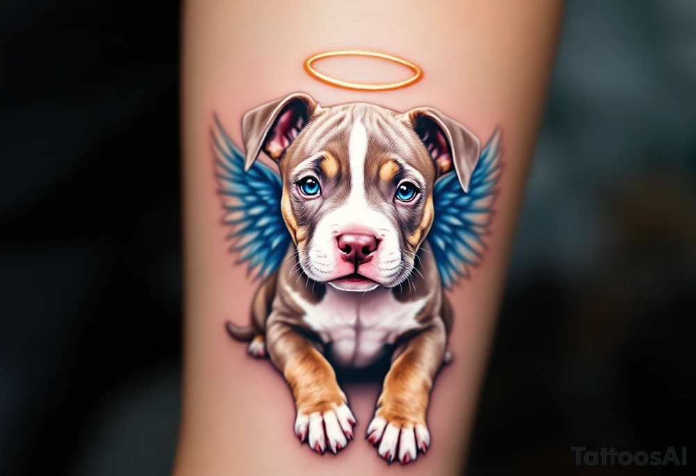 Pitbull pup with angel wings, brown and white puppy, soft shading with pastel blue wings and a golden halo. tattoo idea