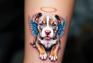 Pitbull pup with angel wings, brown and white puppy, soft shading with pastel blue wings and a golden halo. tattoo idea