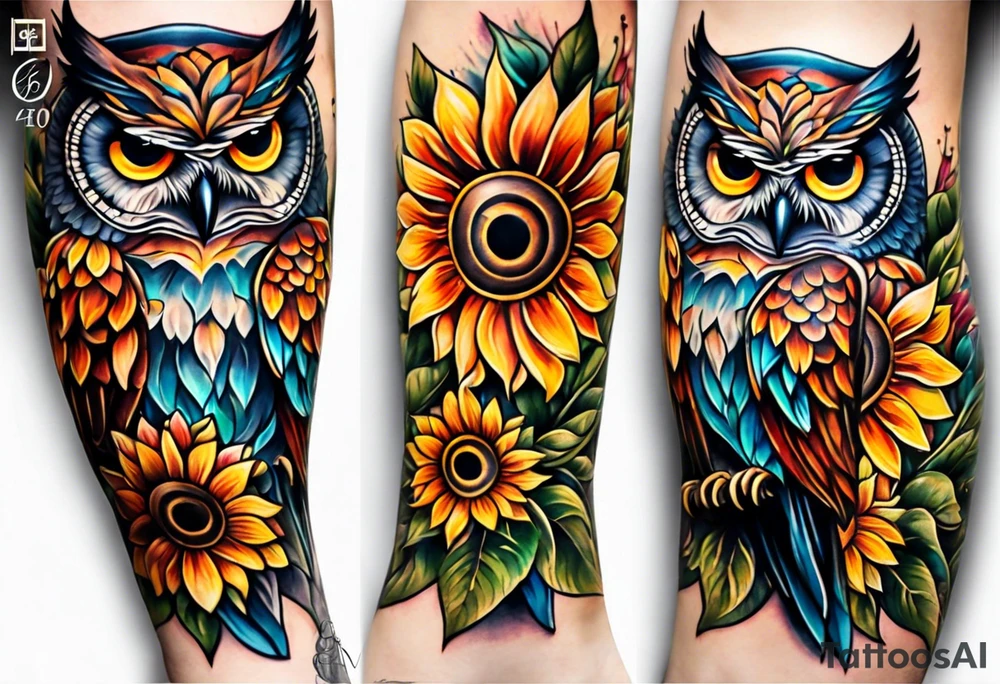 Leg sleeve with colorful sunflowers and an owl tattoo idea