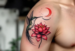 A hummingbird drinking from a lotus flower with one wing made of light (sun disc) and the other made of shadow (crescent moon) (red and black only) tattoo idea