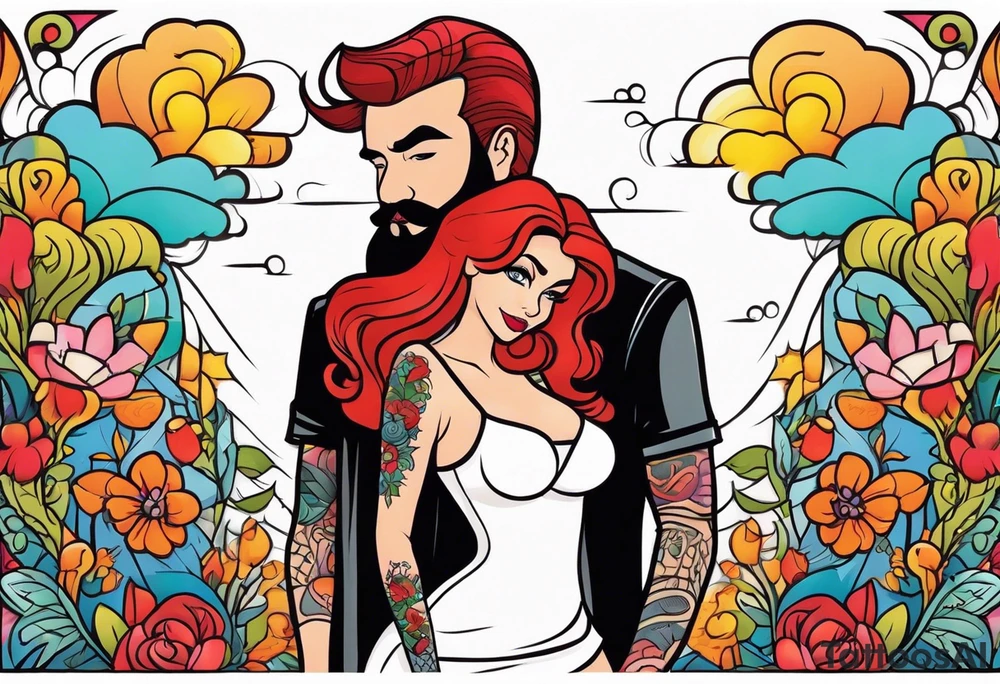 Busty Red haired woman with black haired bearded man tattoo idea