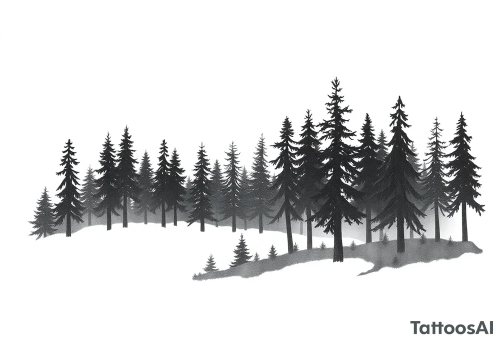 Coniferouse forest silhouette with black and gray trees tattoo idea
