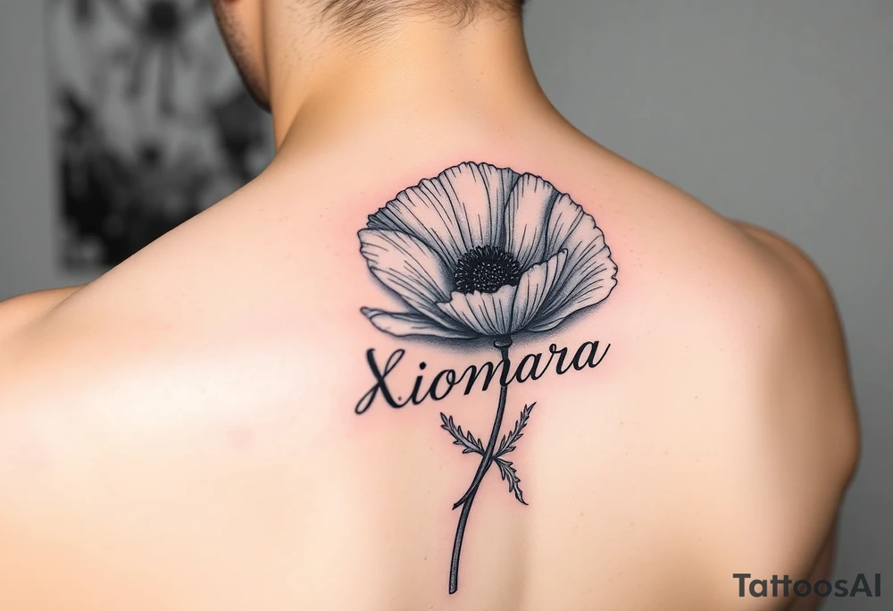 a poppy flower in color with the name Xiomara woven in tattoo idea