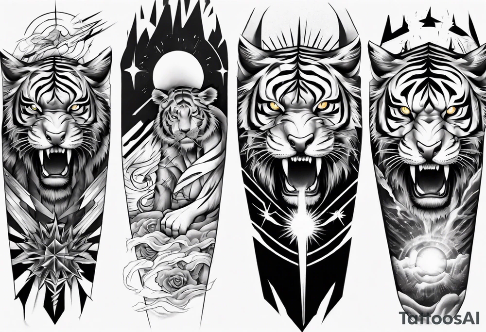 Tiger Warrior sleeve tattoo with lightning and the sun
Forearm sleeve tattoo idea