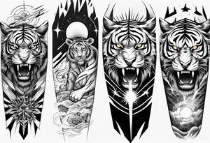 Tiger Warrior sleeve tattoo with lightning and the sun
Forearm sleeve tattoo idea