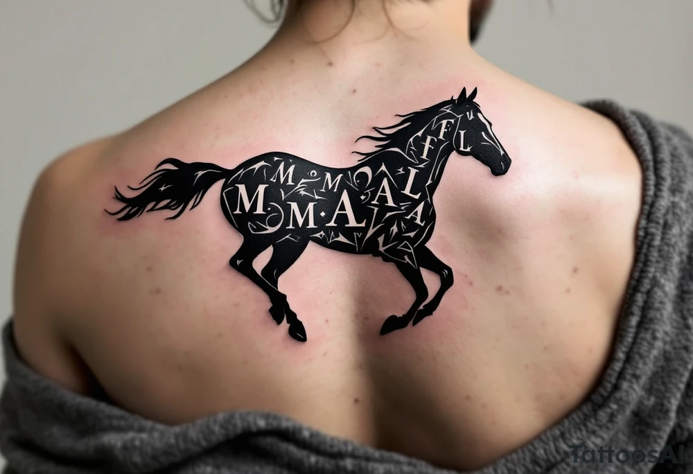 horse silhouette 
from the front which gallops from the front, with the 3 small letters discreetly integrated: M, A, L tattoo idea