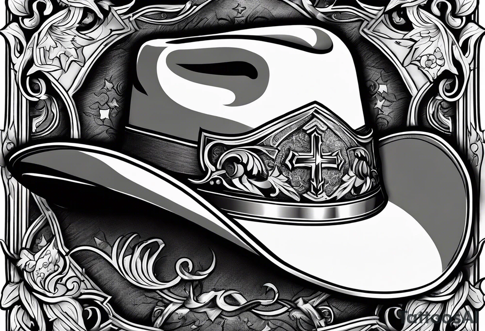 Ruggred cross with a cowboy hat that says sleep through the storm tattoo idea
