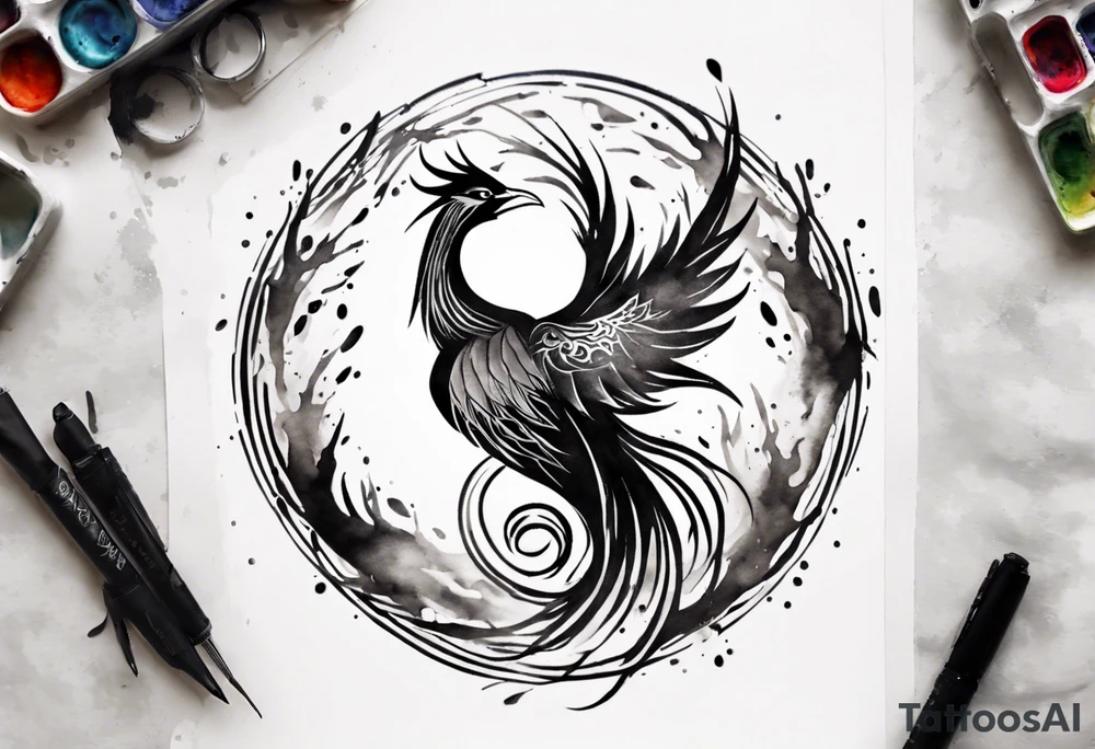 Phoenix rising blending in circles tattoo idea