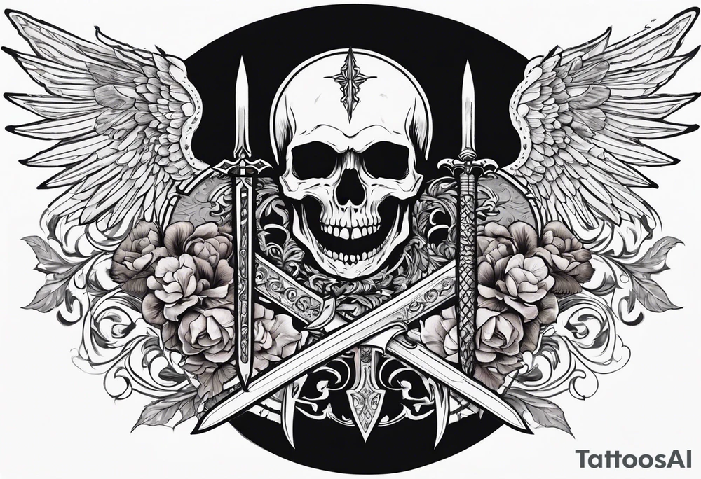 In the center is a half skull pierced by a large sword. On either side of the skull, there are spread angel wings, Beneath the skull is a ribbon with latvian symbols that weaves through both the skull and the sword tattoo idea
