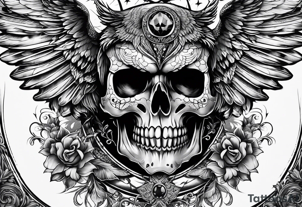 Gothic Skull and owl with open wings tattoo idea