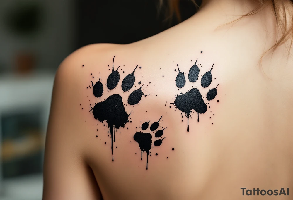 Ink-Splattered Paw Prints – Black paw prints with chaotic ink splashes around them, looking like a cat jumped across your skin while painting. tattoo idea
