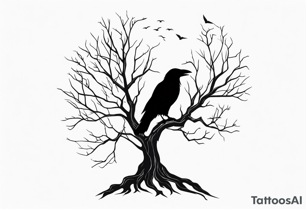 Dead tree with roots and sitting raven silhouette tattoo idea Dead tree with roots and sitting raven silhouette tattoo idea