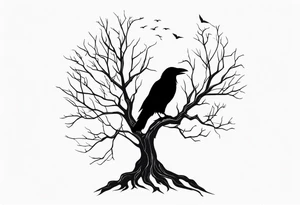 Dead tree with roots and sitting raven silhouette tattoo idea