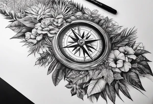 full arm sleeve, jungle plants, compass, all-seeing eye tattoo idea
