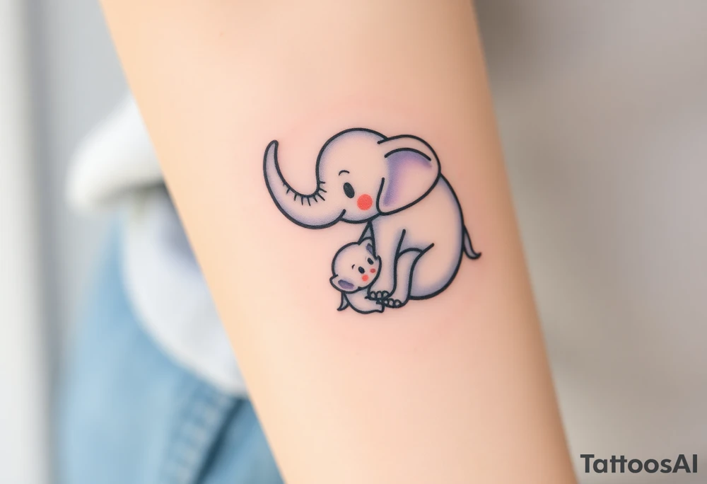 A mother elephant wrapping her trunk around her baby, with soft blues and purples representing wisdom and protection. tattoo idea