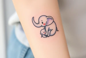 A mother elephant wrapping her trunk around her baby, with soft blues and purples representing wisdom and protection. tattoo idea