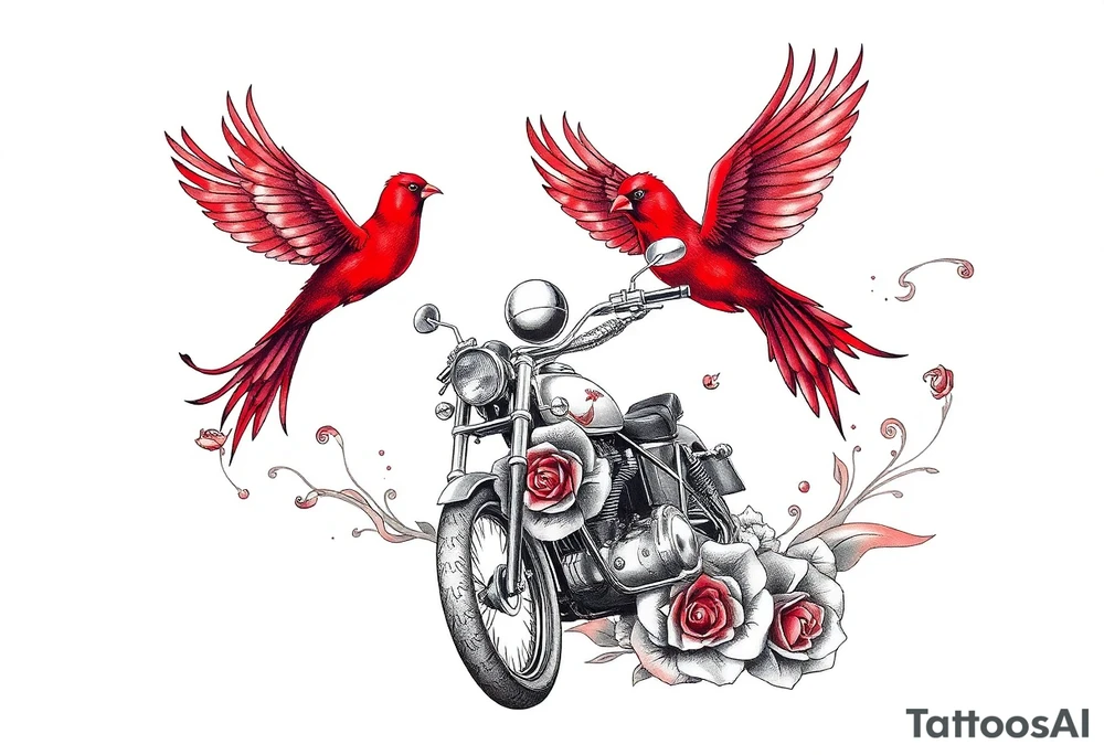 Motorcycle driving away, two red birds flying, roses and lace, flames tattoo idea