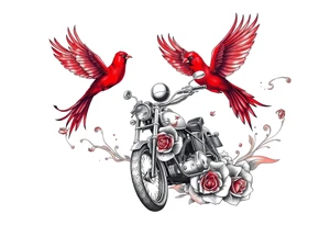 Motorcycle driving away, two red birds flying, roses and lace, flames tattoo idea