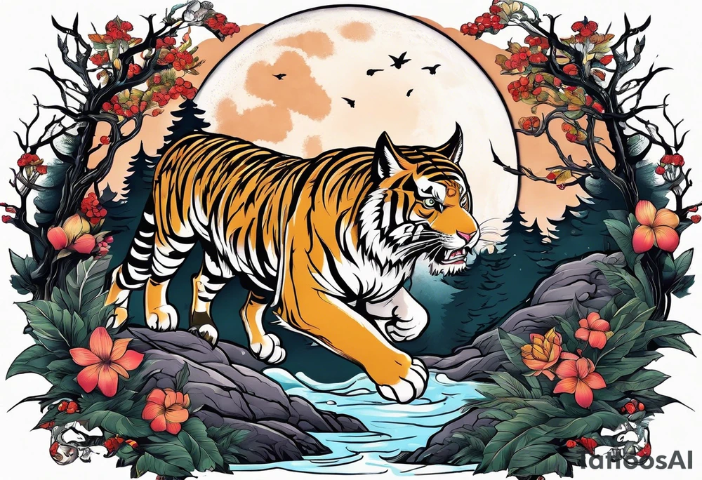 Flying tiger underneath a full moon in a forest tattoo idea