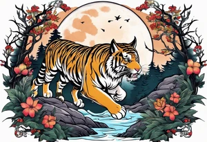 Flying tiger underneath a full moon in a forest tattoo idea