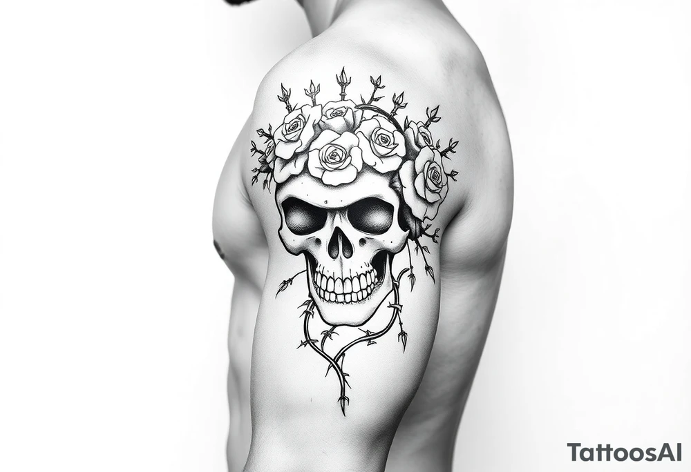 ornate skull adorned with crown of wild roses and thorns tattoo idea