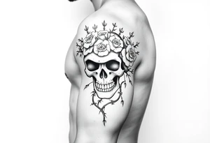 ornate skull adorned with crown of wild roses and thorns tattoo idea