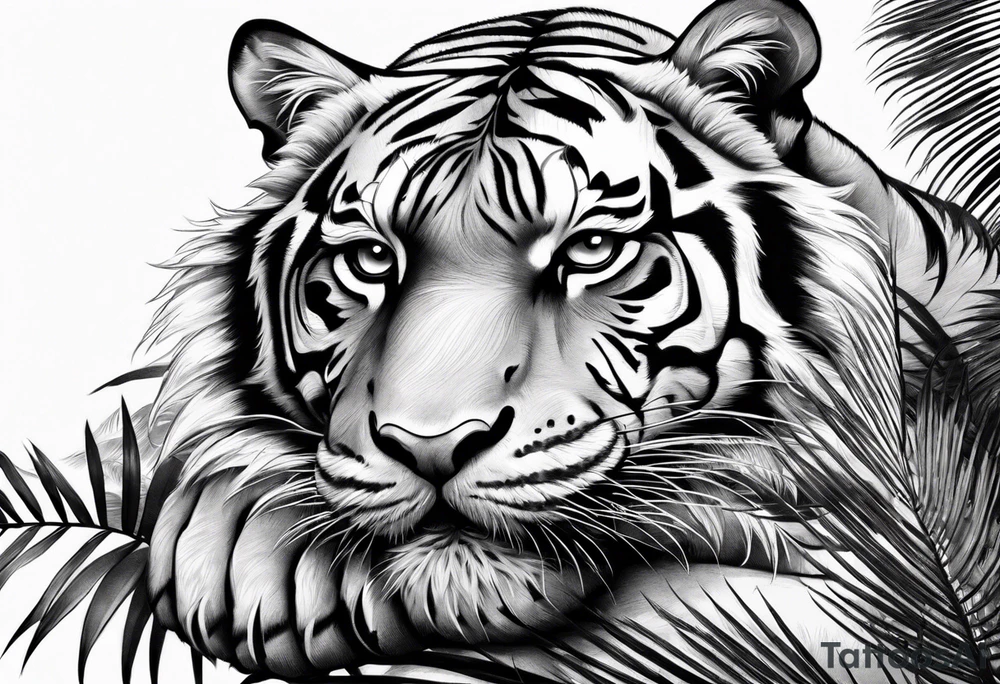 tiger laying on palm tree tattoo idea