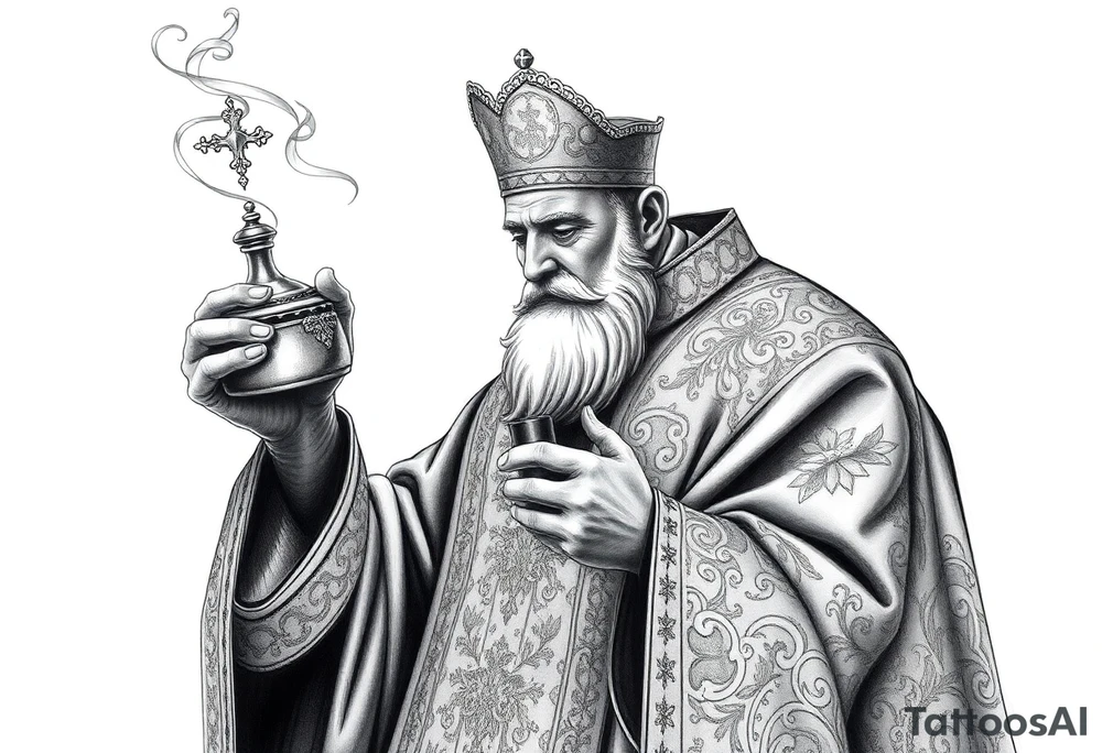 A Russian Orthodox Priest in full gold vestments swinging a censer with smoke curling upward 

The ornate robes give incredible fine line detail
The incense smoke could flow and connect to other elements
It ties directly into the church and Virgin Mary you already have
Very culturally authentic to the overall theme tattoo idea