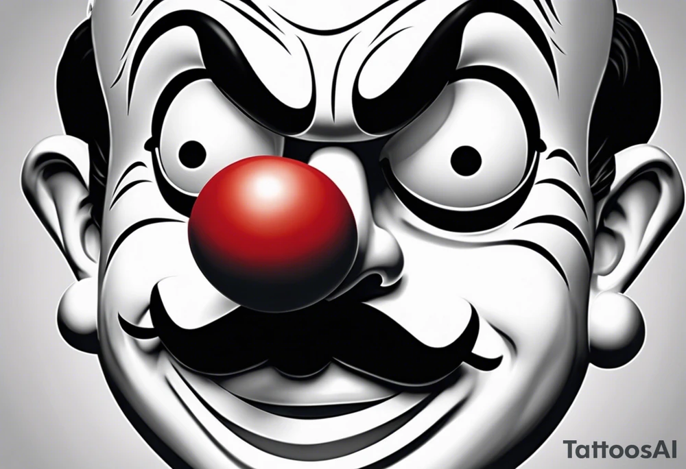 Comedy mask characterized by an exaggerated, happy expression has a smiling face with an upturned mouth, rounded eyes, and a clown nose. Tragedy mask has a somber and serious expression features a downturned mouth, furrowed brows, and deep-set, intense eyes with clone nose tattoo idea