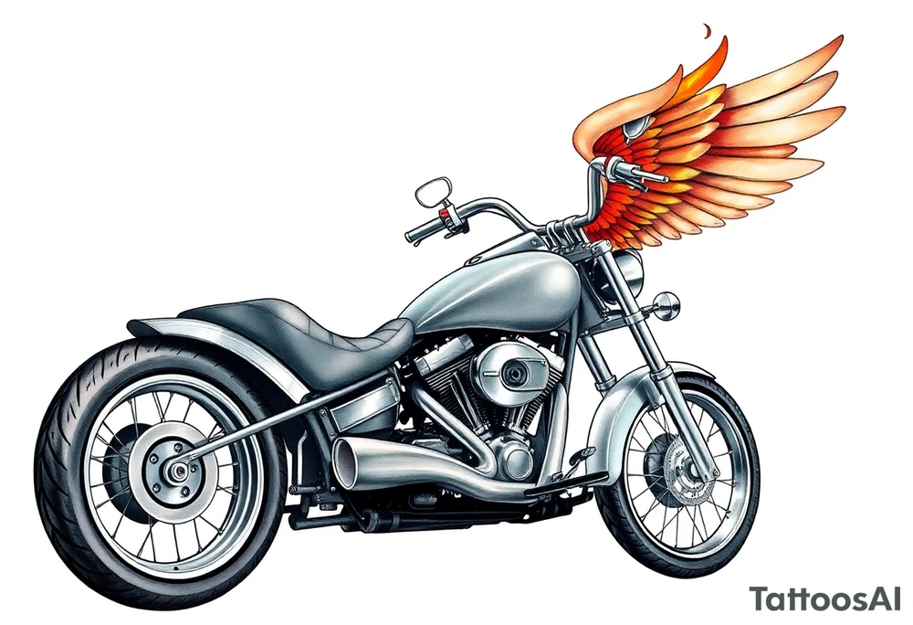 Low rider grey motorcycle, big muffler pipes with flames, angel wings, driving away, no person tattoo idea
