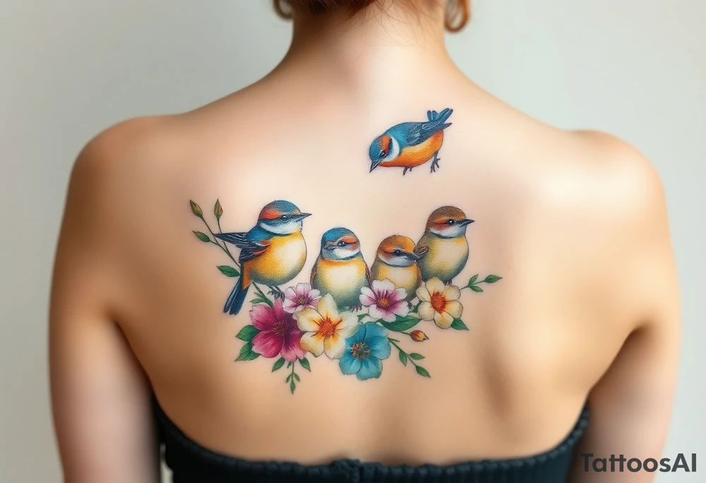 Mom bird and three baby birds with flowers tattoo idea