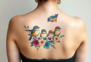 Mom bird and three baby birds with flowers tattoo idea