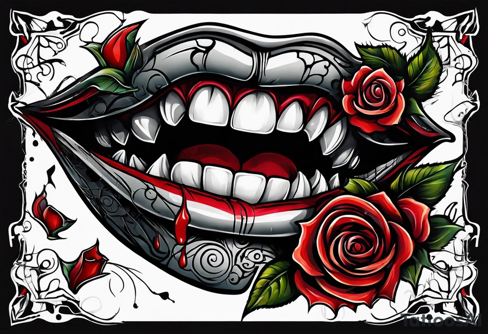 Sexy vampire mouth biting rose tattoo idea