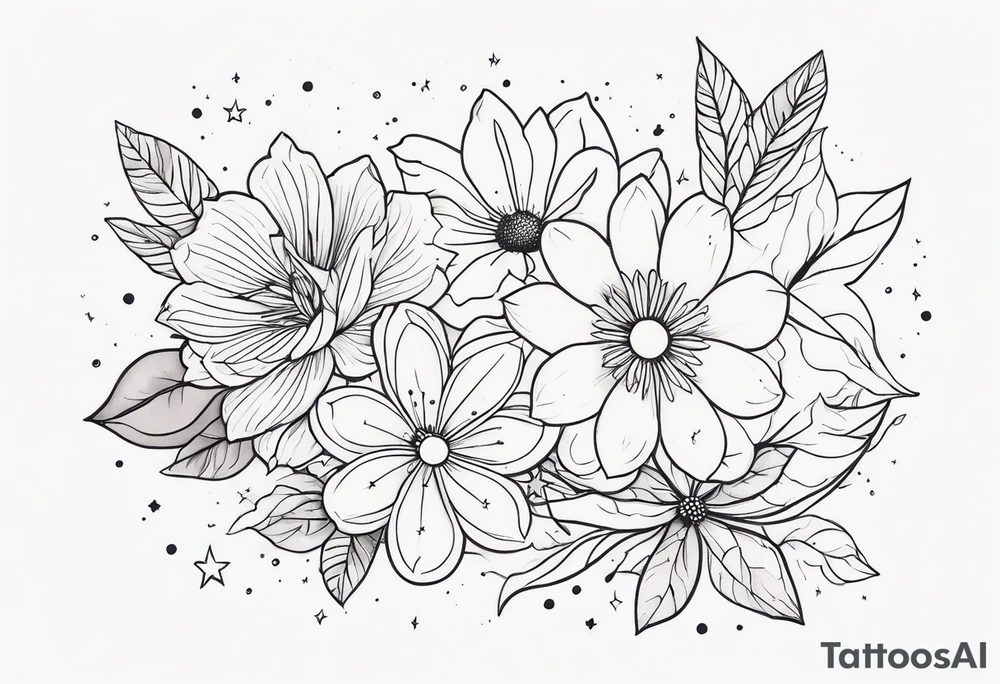 fine line with stars, floral, dots tattoo idea