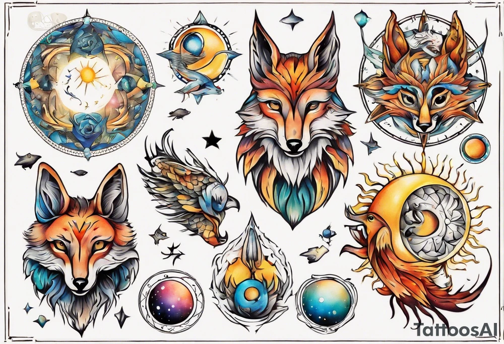fisch, fuchs und eule , symetrie  sonne, universum, bunt, " sapere aude" tattoo idea