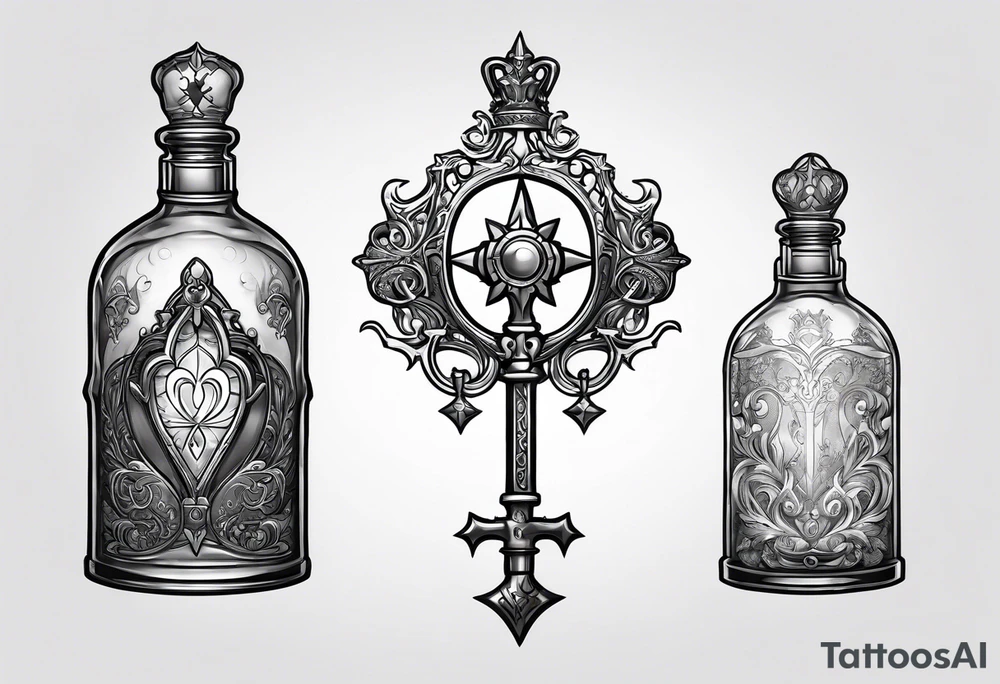 Kingdom hearts key blade in a Felix felicis potion bottle tattoo idea