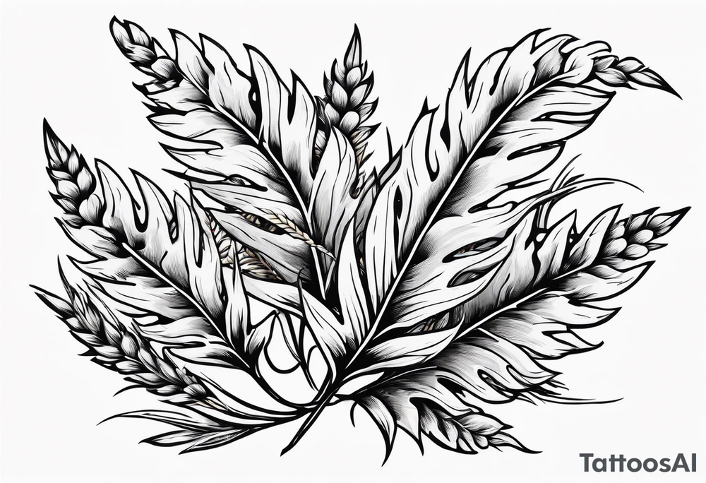 Oak tree leaves with wheat stalks wrapped in a ribbon tattoo idea