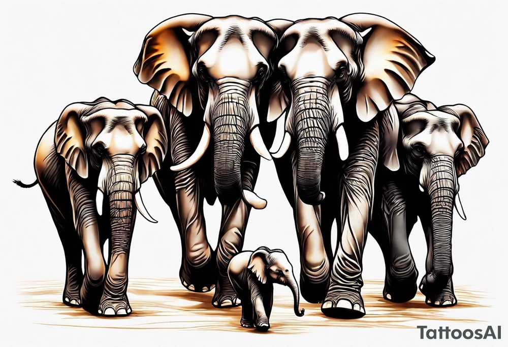 family of 6 elephants walking into sunset after one of them has died tattoo idea