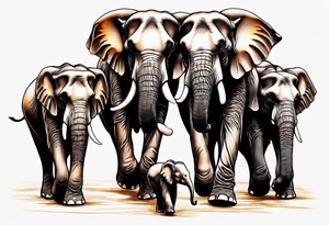 family of 6 elephants walking into sunset after one of them has died tattoo idea