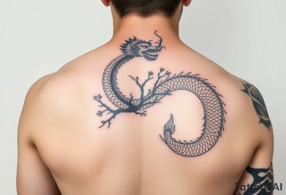 forearm sleeve tattoo, a dragon with a sakura tree tattoo idea